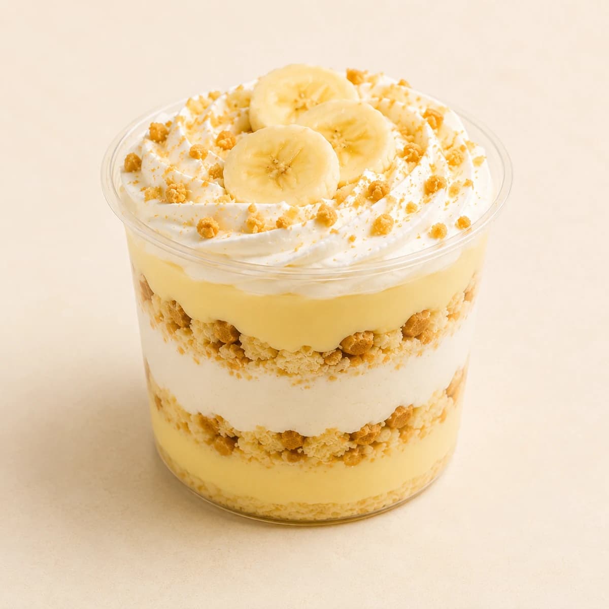 Banana Pudding front view in an 8 oz clear round cup
